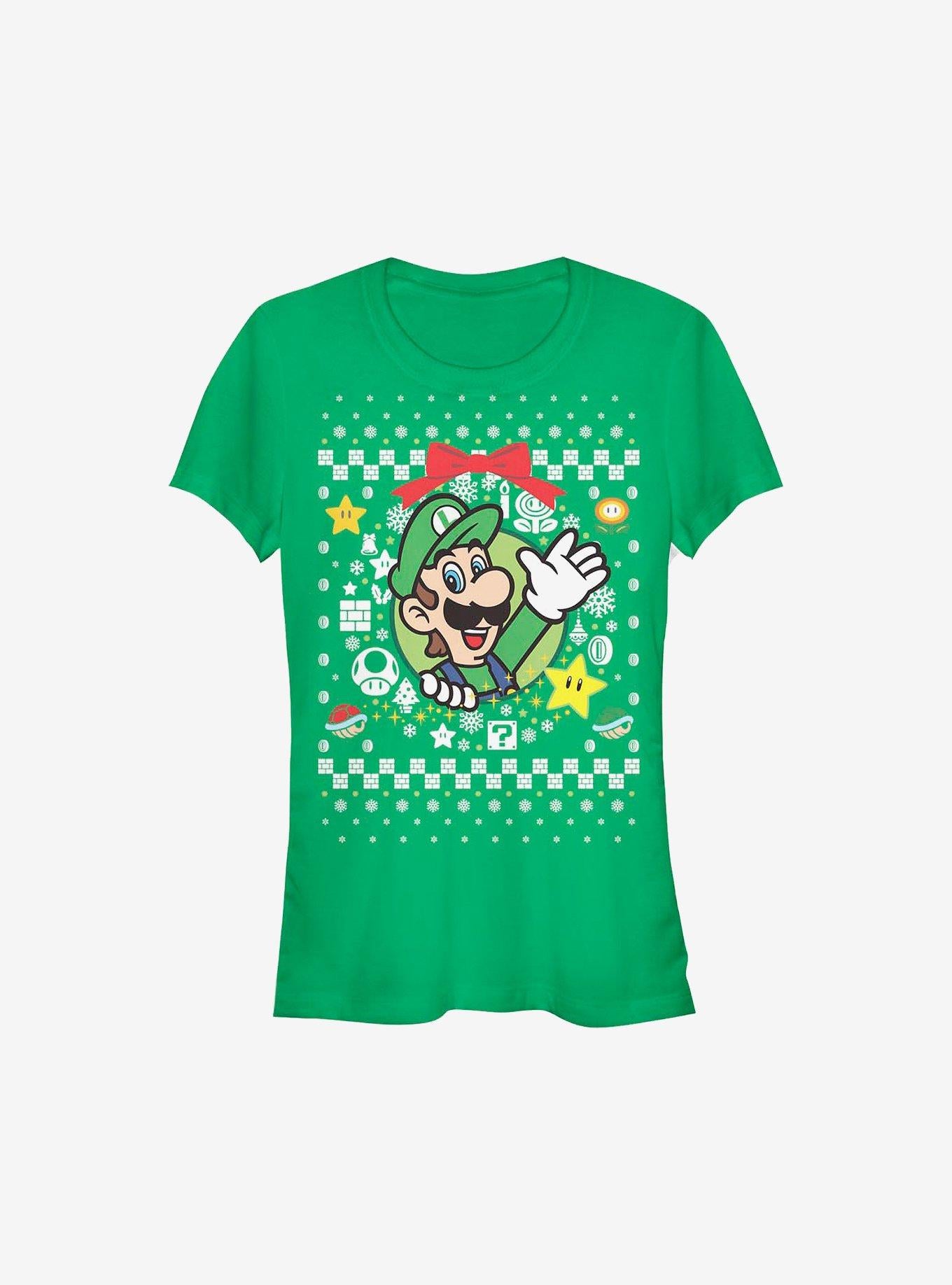 Super Mario Luigi Wreath Ugly Christmas Sweater Girls T-Shirt | Premium Unisex T-Shirt, Trending Graphic Tee