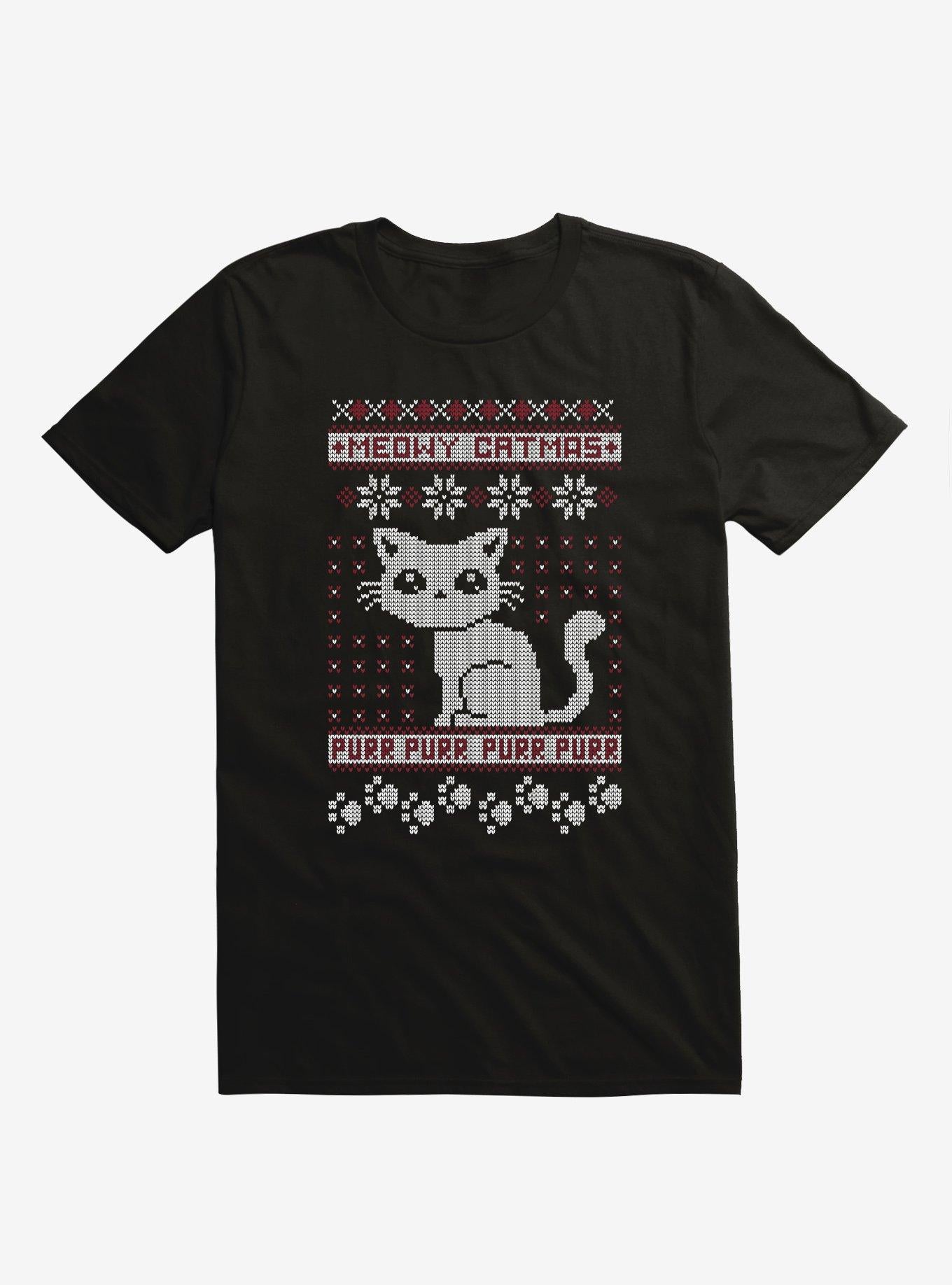 Meowy Catmas Cat Holiday Sweater Black T Shirt Sweater Viral TikTok Daily Wear