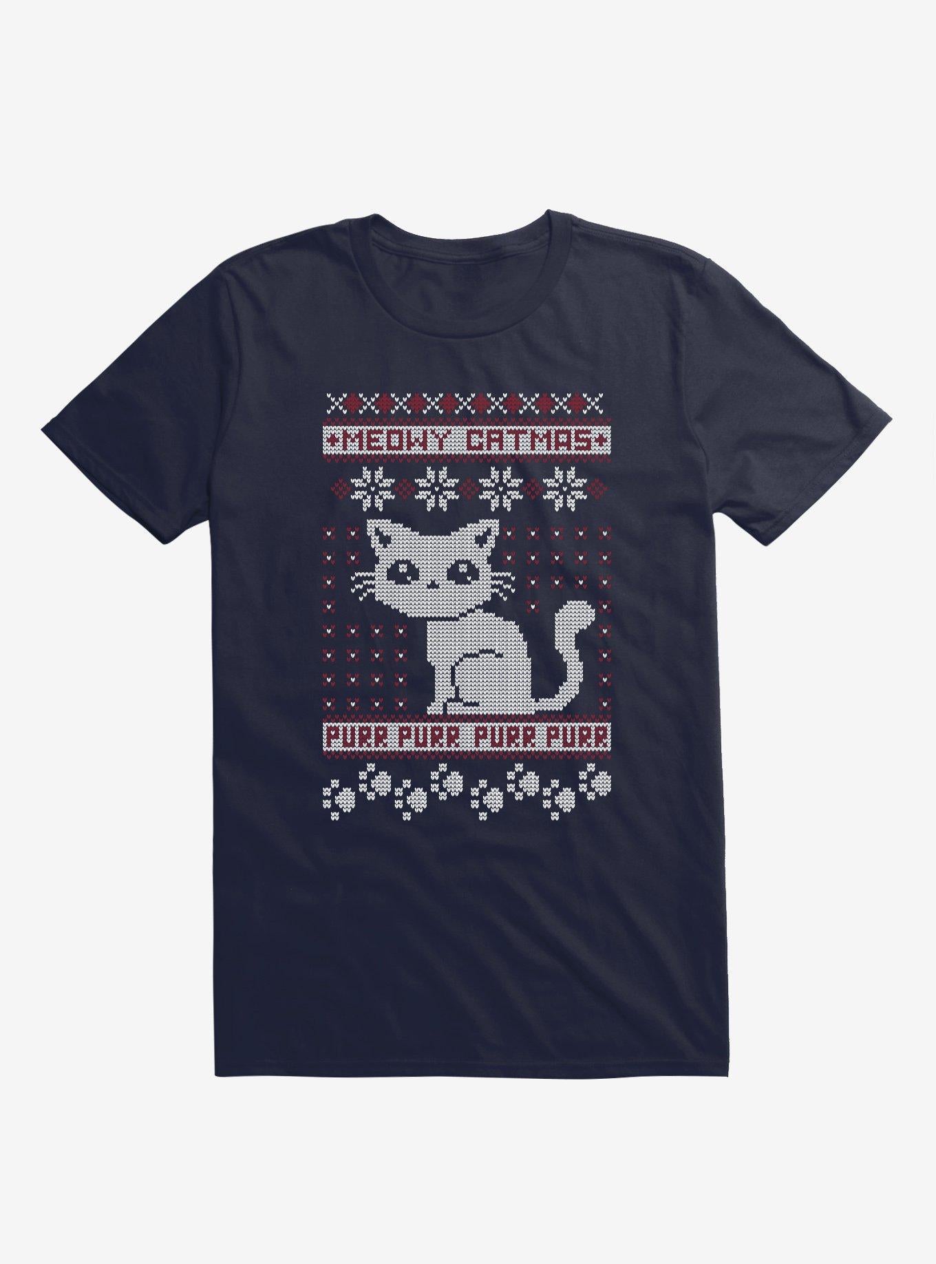 Meowy Catmas Cat Holiday Sweater Navy Blue T Shirt Sweater Streetwear Style Fan Favorite