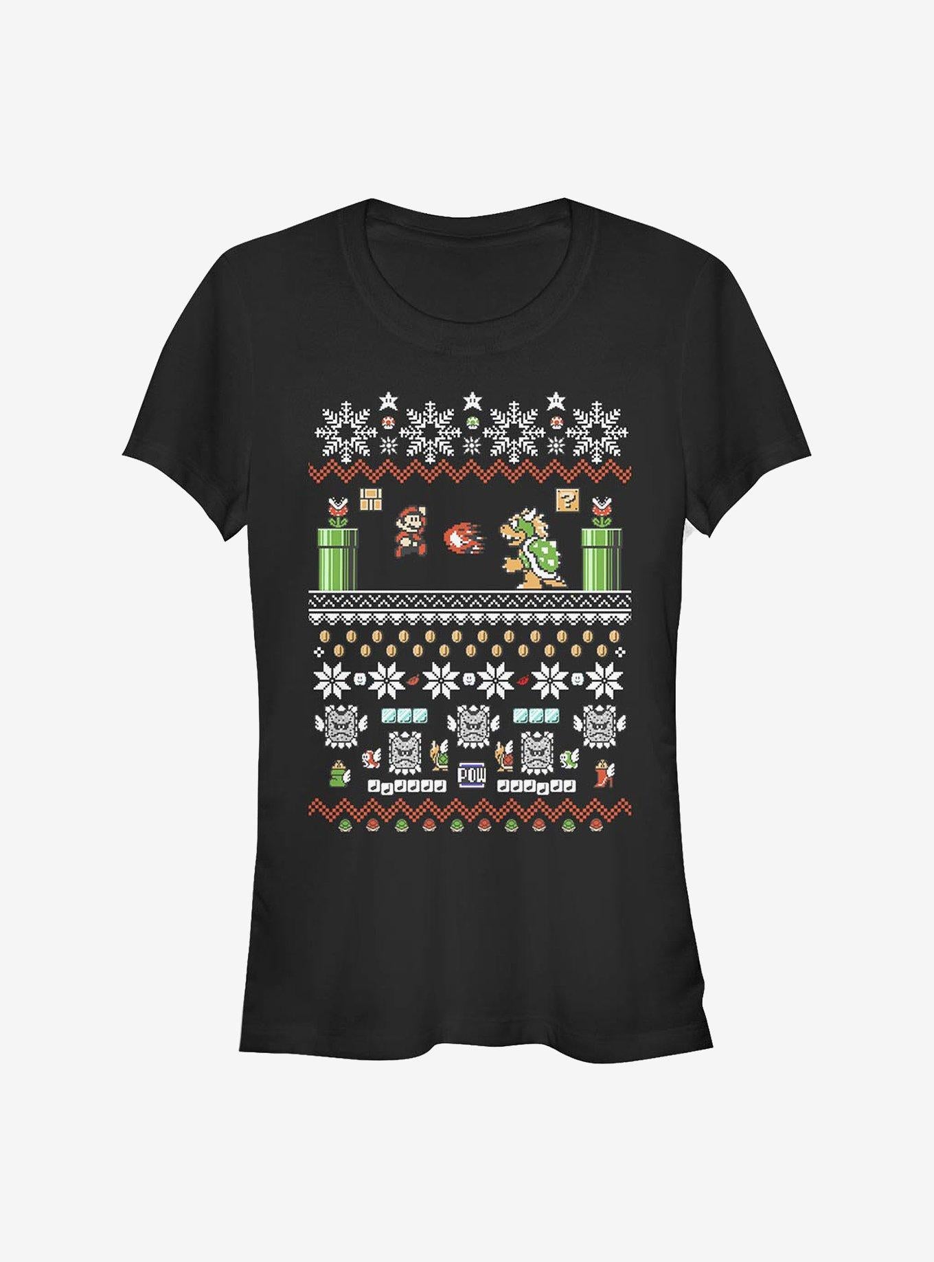 Nintendo Mario 8-Bit Xmas Stack Girls T-Shirt | Premium Unisex T-Shirt, Trending Graphic Tee