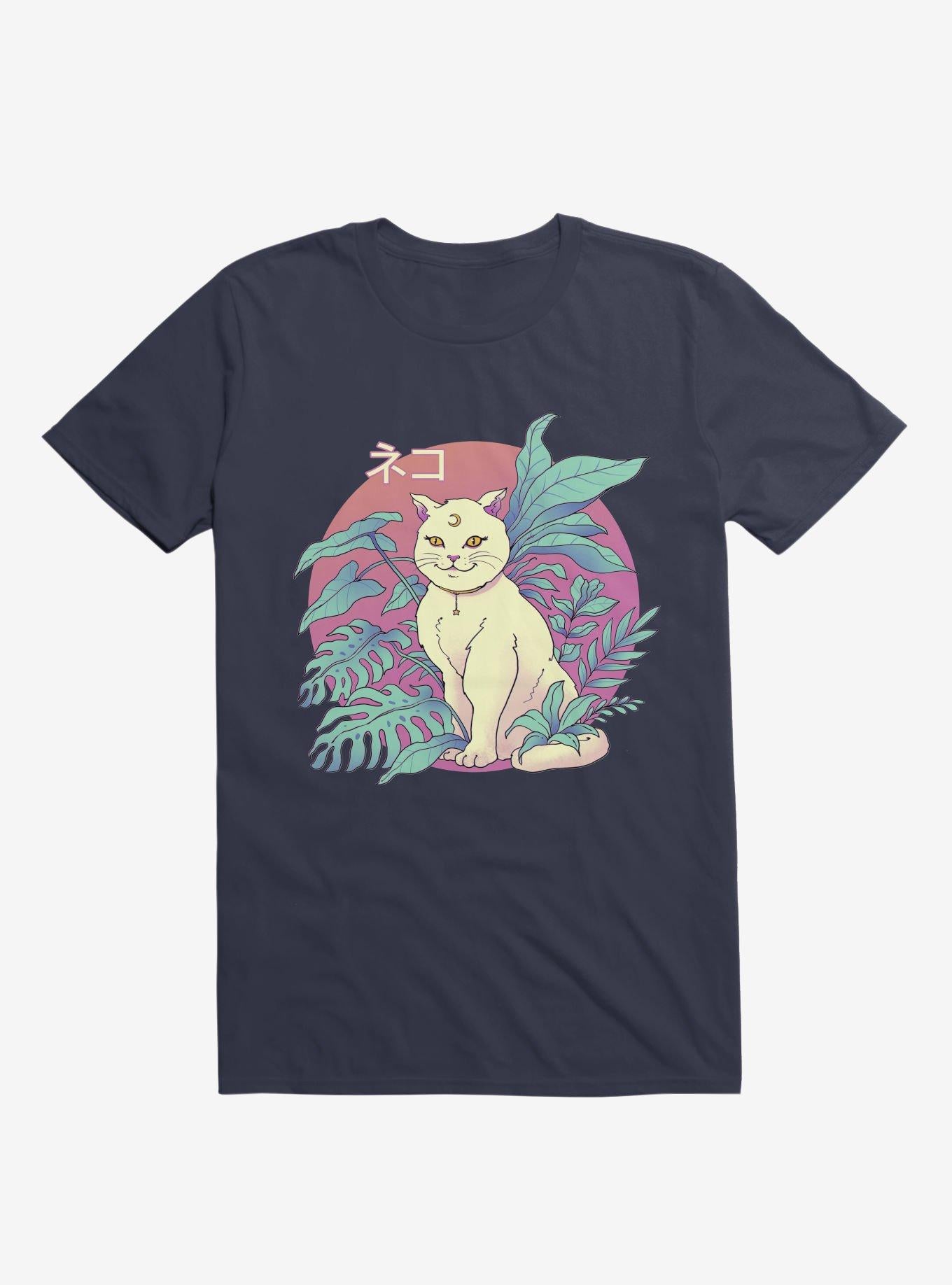 Leaves Vapor Cat Navy Blue T Shirt T Shirt Premium Print Workout Ready