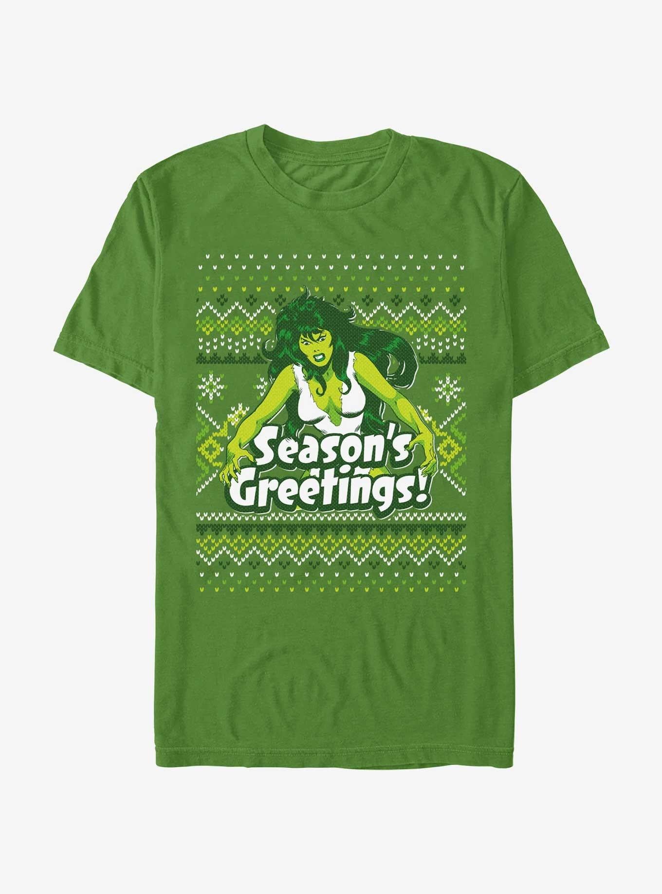 Marvel Hulk She-Hulk Season's Greetings Ugly Christmas T-Shirt | Premium Unisex T-Shirt, Trending Graphic Tee