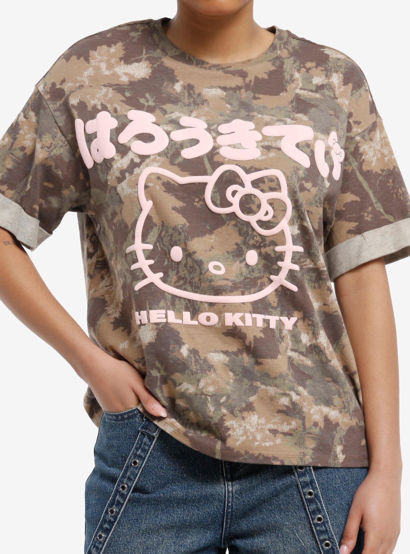 Hello Kitty Camo Pink Puff Print Boyfriend Fit Girls TShirt Graphic Tee | Graphic Tee | Unisex Shirt | High-Quality Print