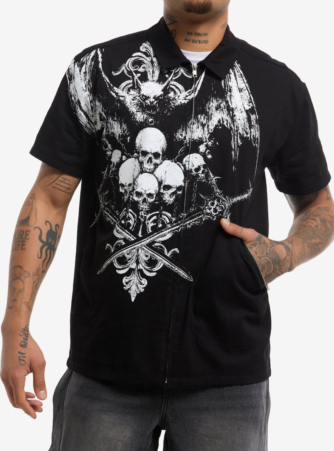 Vampire Bat & Skulls Zip Woven Top