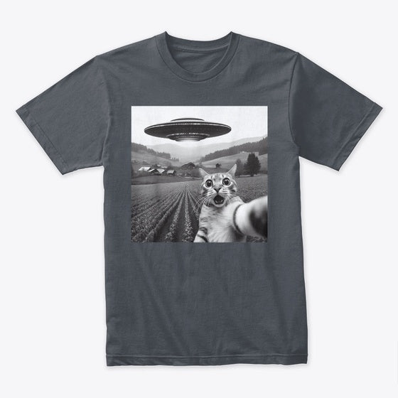 Cat Selfie With Alien UFO Funny Cat Apparel Premium Print Daily Wear