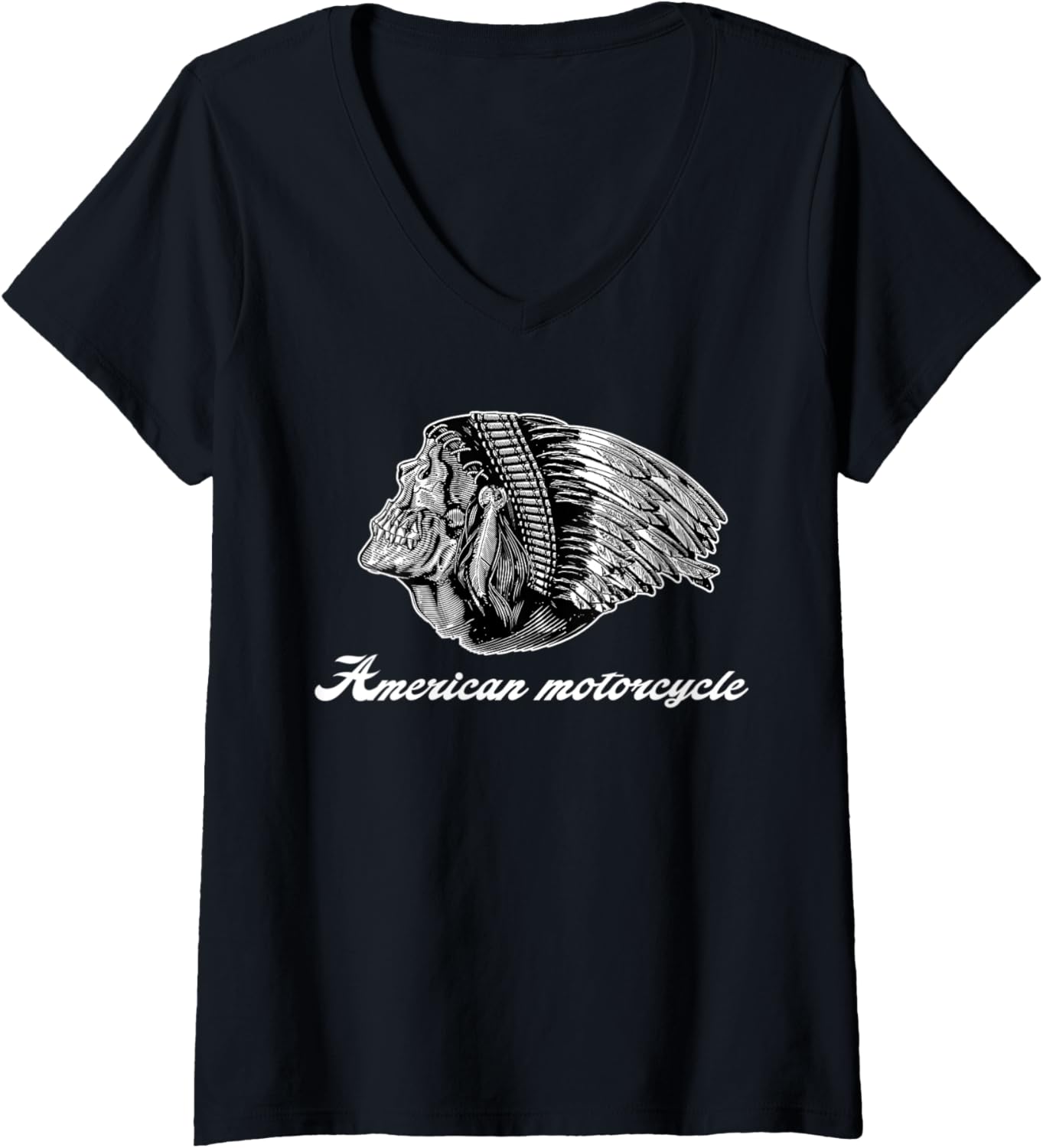 Womens American Motorcycle Skull Native Indian Eagle Chief Vintage V-Neck