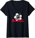 Womens Michael Name Hawaiian Style Hibiscus Flower Name V-Neck