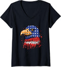 Womens 4th of July Freedom Bald American Eagle Patriotic USA Flag V-Neck