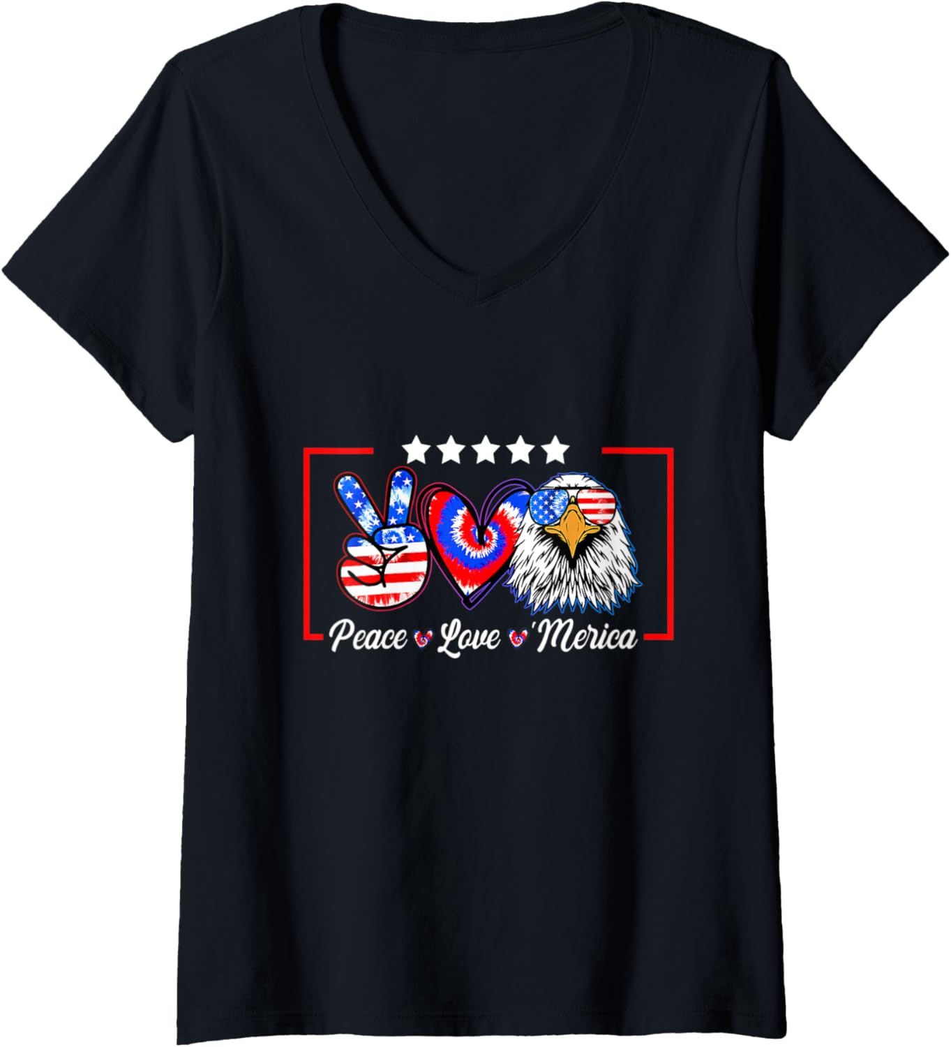 Womens Peace Love Merica Bald Eagle American Tie Dye 4th Of July V-Neck