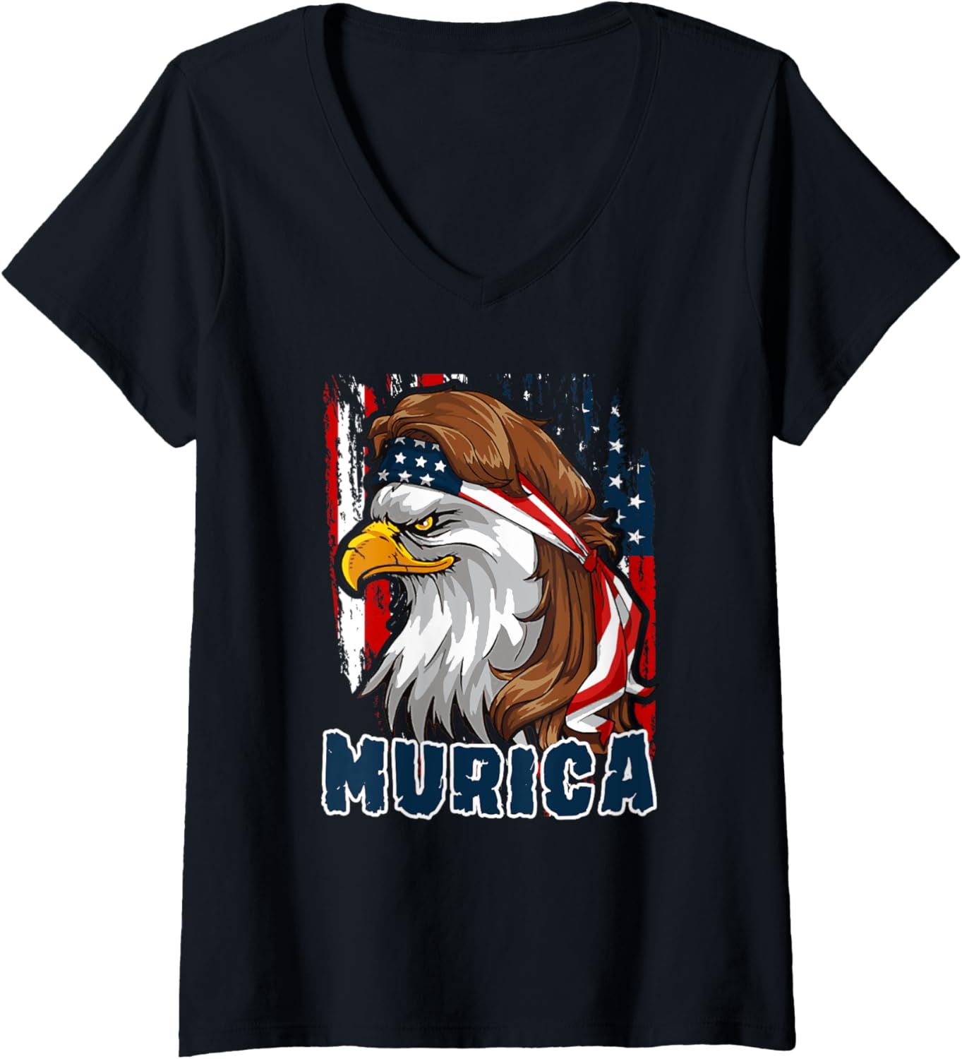 Womens MURICA | USA American Flag Eagle, Mullet & Bandana V-Neck