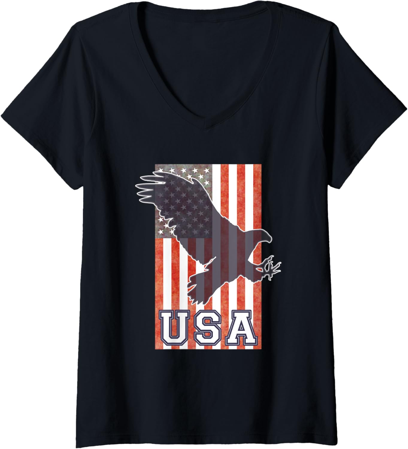 Womens USA American Flag Patriotic Eagle Vintage V-Neck