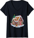 Womens Christmas Gingerbread House Candy Cane X-Mas Pajamas Party V-Neck