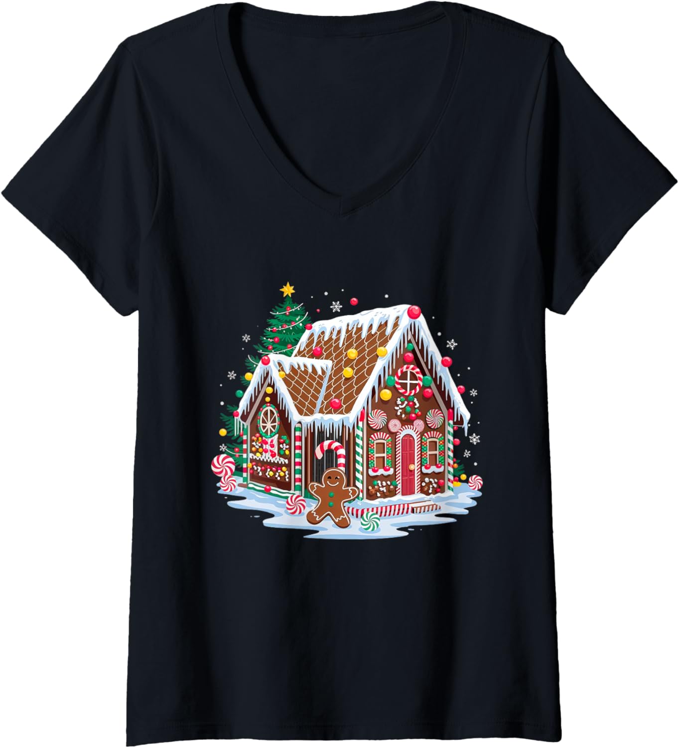 Womens Christmas Gingerbread House Candy Cane X-Mas Pajamas Party V-Neck