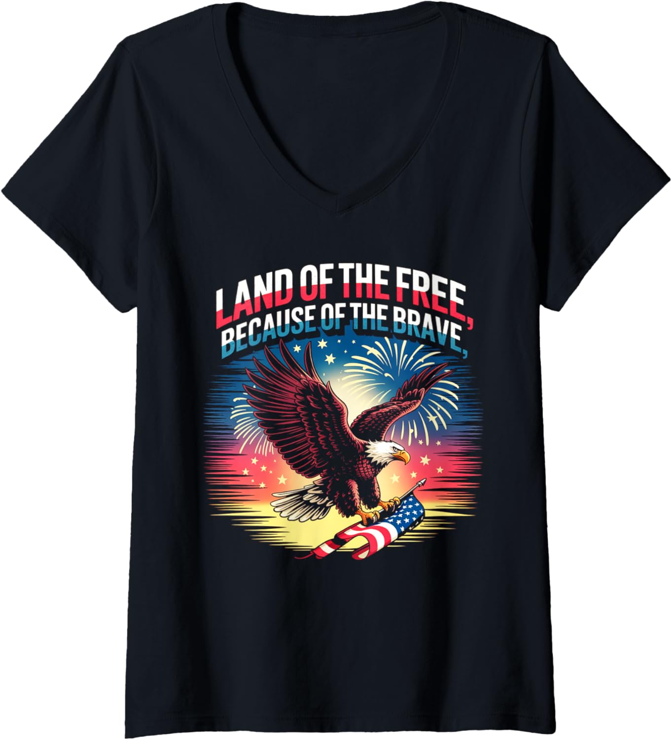 Womens Land of the Free Because of the Brave Eagle USA Flag V-Neck
