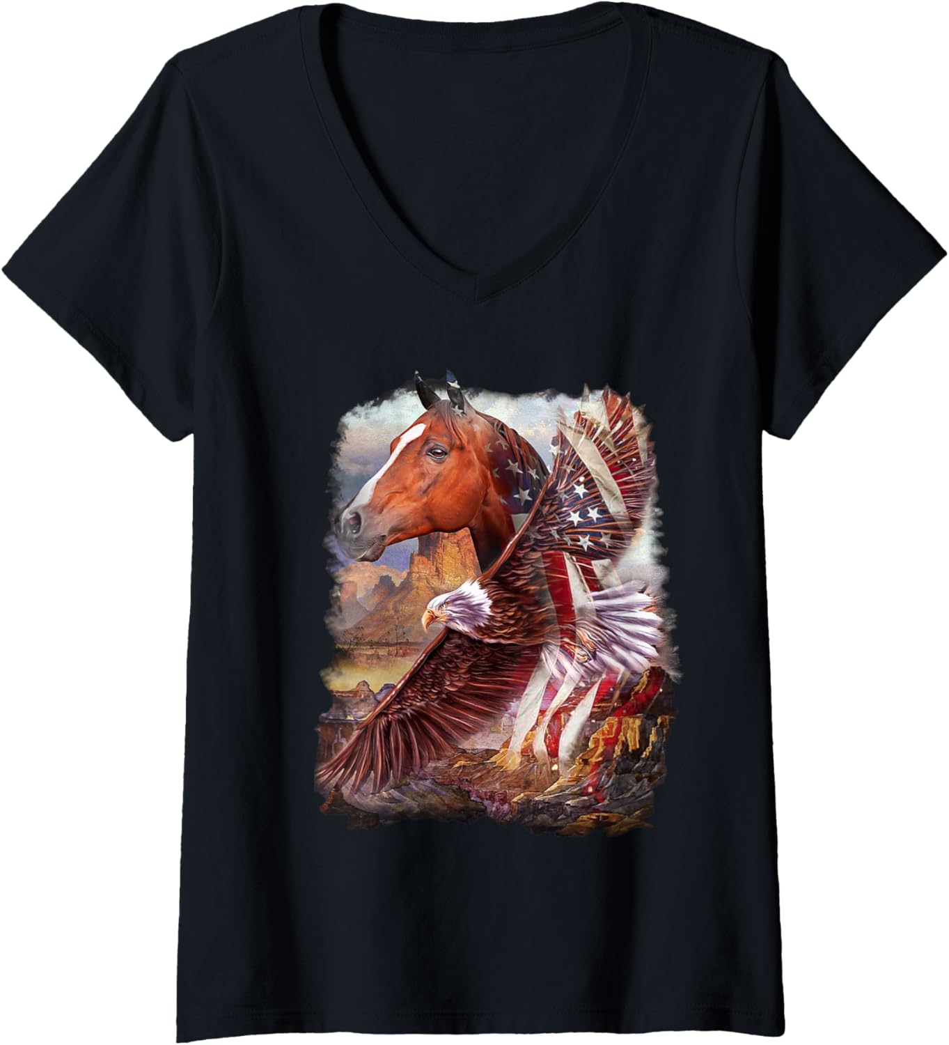 Womens Horse American Flag and Bald eagle V-Neck