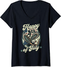 Womens Happy 4th of July Shirt 2025 Bald Eagle American Flag V-Neck