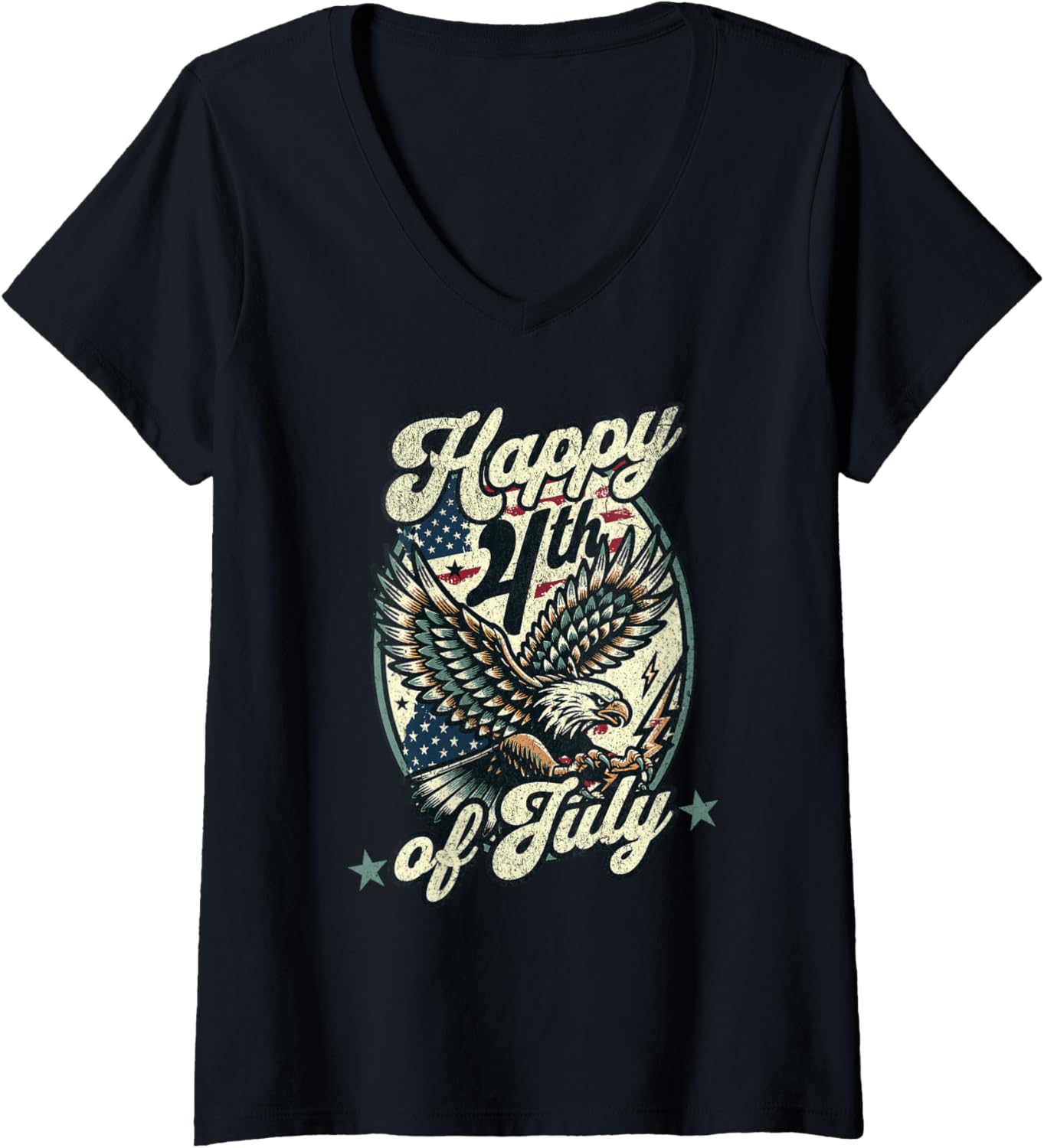 Womens Happy 4th of July Shirt 2025 Bald Eagle American Flag V-Neck