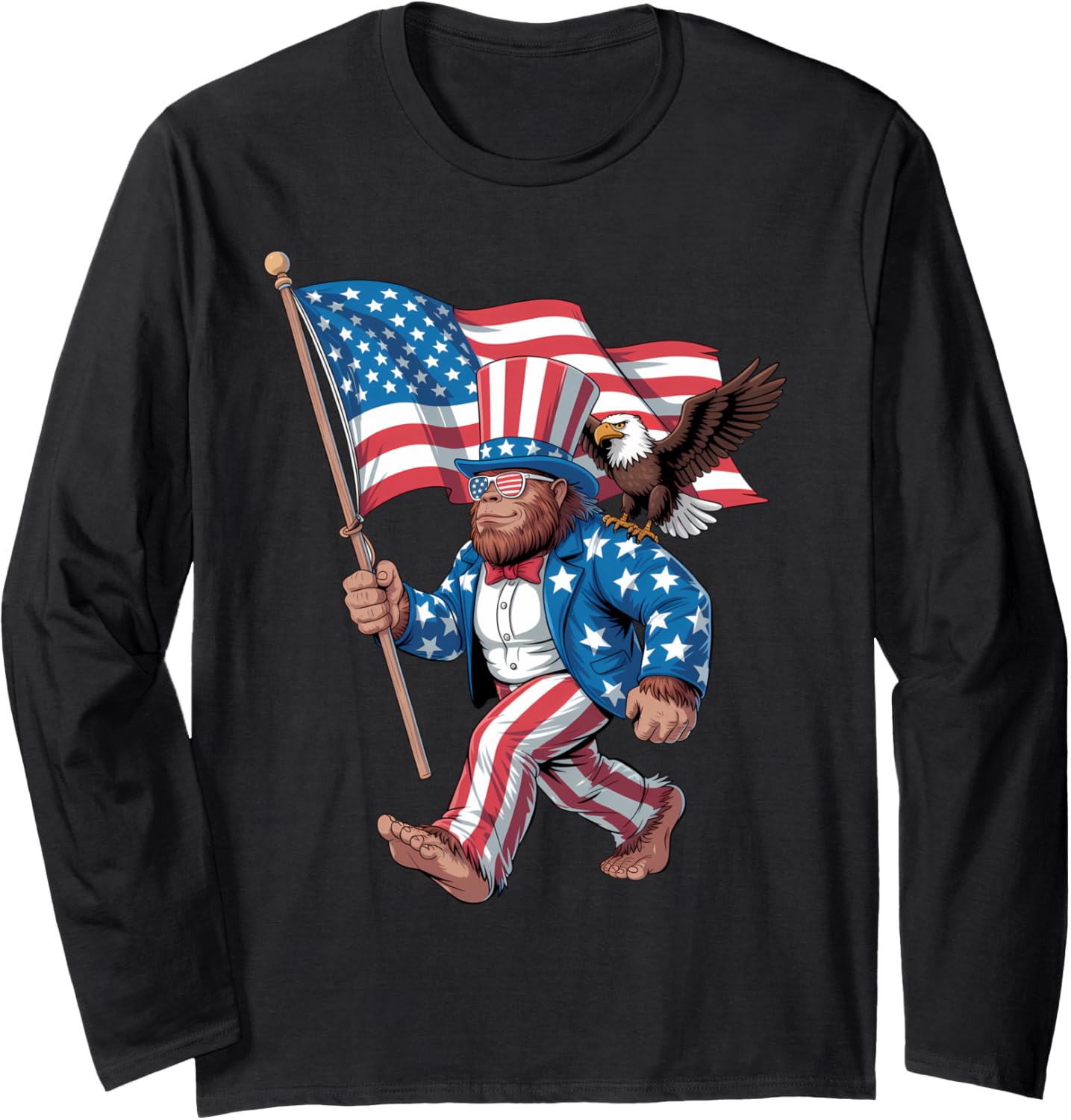 Patriotic 4th of July Bigfoot And Bald Eagle American Flag Long Sleeve