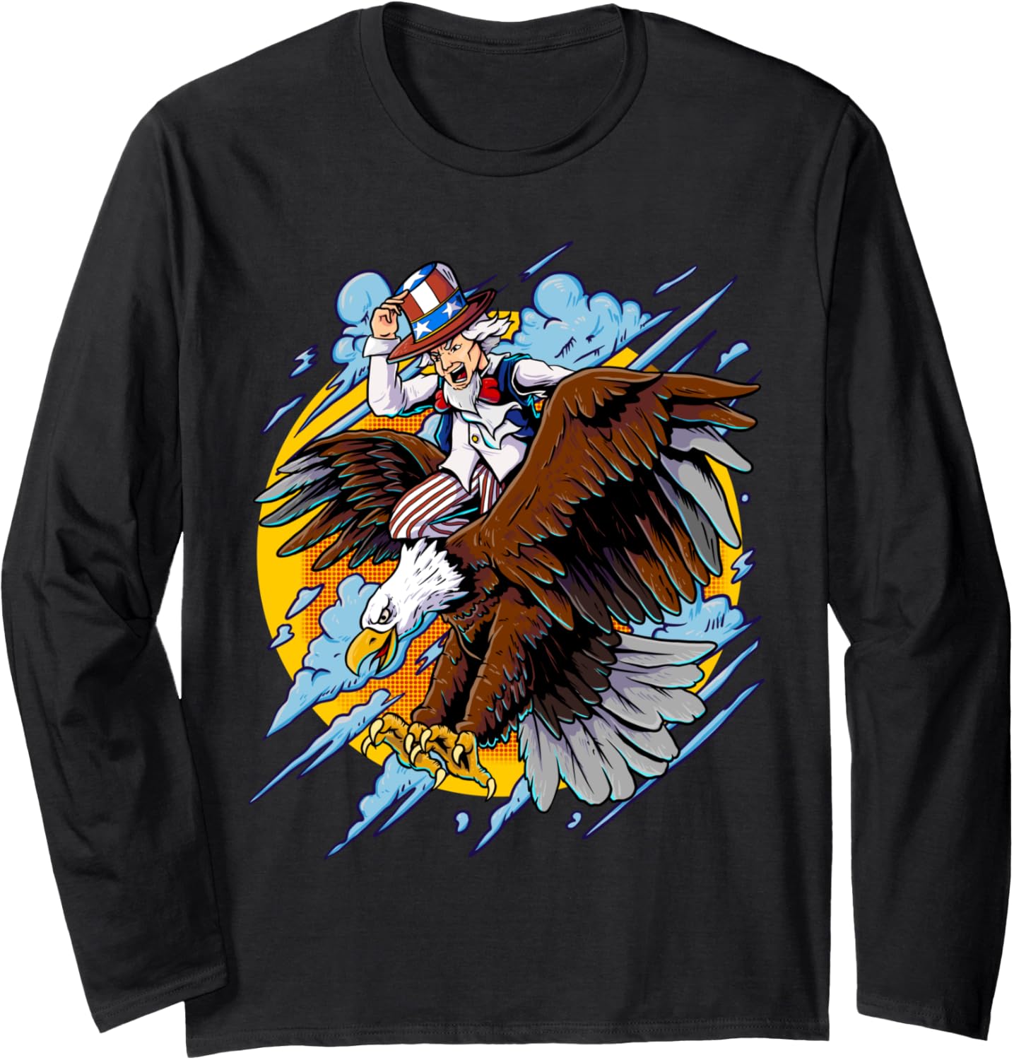 Uncle Sam Riding American Bald Eagle American Flag Design Long Sleeve