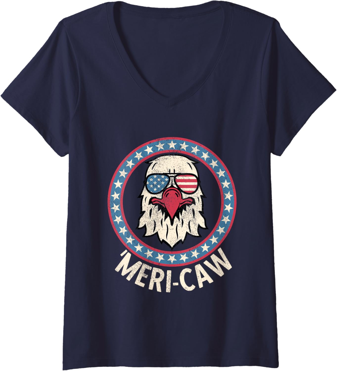Womens Meri Caw Funny 4th of July Vintage American Eagle Merica V-Neck