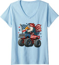 Womens 4th Of July Monster Truck Bald Eagle American Flag USA Boys V-Neck