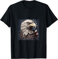 A powerful and regal eagle perched atop an American flag
