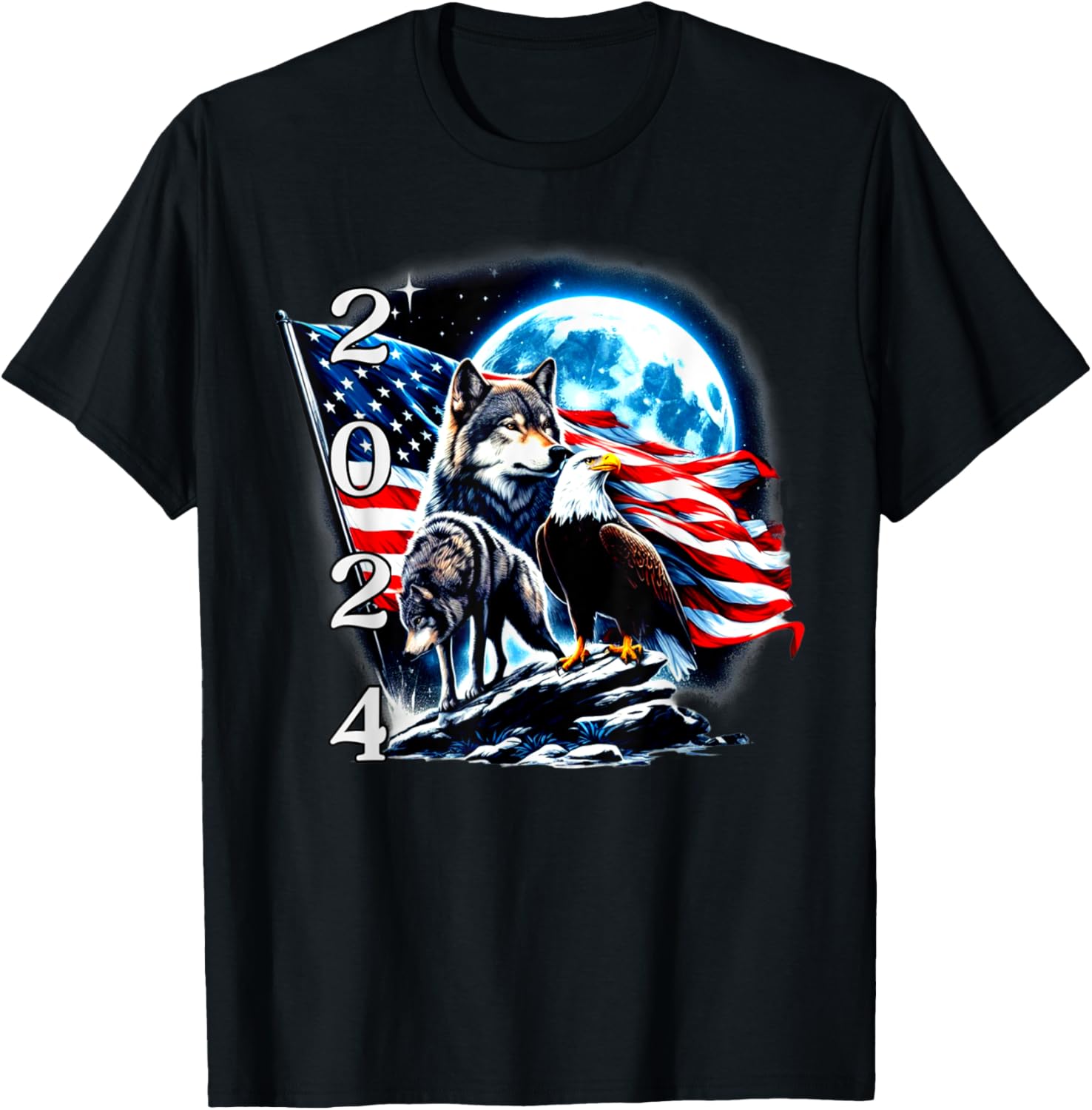2024 New Years Wolves Bald Eagle American Flag Full Moon T-Shirt for Women Kids Men