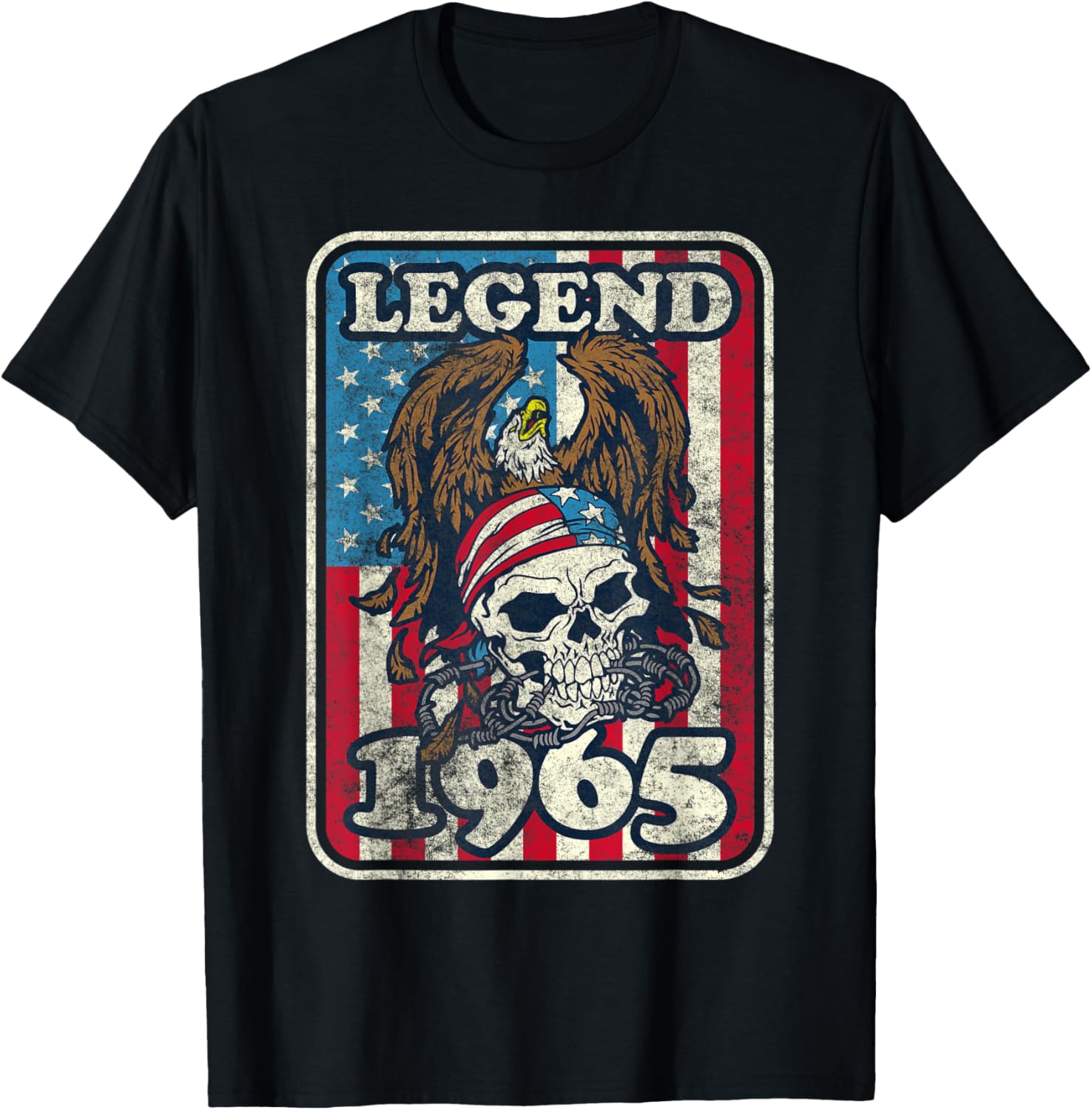 Birthday Legend 1965 Bald Eagle Skull American Flag USA T-Shirt for Women Kids Men