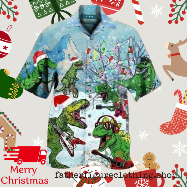 Dinosaurs Play Guitar On Christmas Hawaiian Shirts