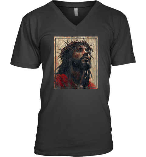 Black Jesus Face Of Jesus Cross With Crown Of Thorns V Neck T Shirt