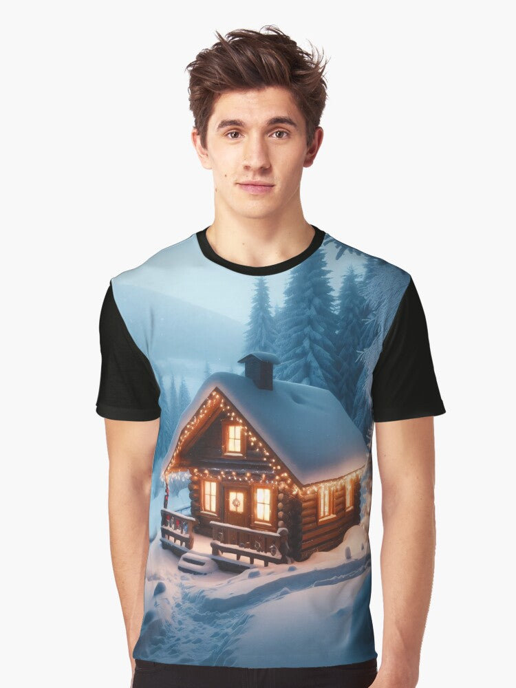 A cozy log cabin nestled in a snowy winter wonderland Graphic T Shirt T Shirt Comfort Fit Futuristic Style