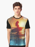 Silhouette of a surfer at sunset intertwined with futuristic digital patterns Graphic T Shirt T Shirt Trending US