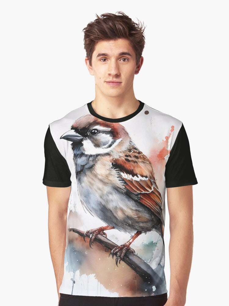 A small brown sparrow perched on a branch with a watercolor background Graphic T Shirt T Shirt Comfort Fit Gift Ready