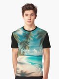 A picturesque tropical beach with swaying palm trees white sand and crystal clear turquoise water Gr T Shirt