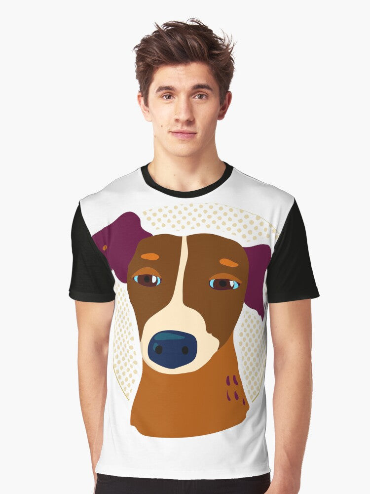 Portrait of a small dog on a background of a circle of dots Graphic T Shirt T Shirt Premium Quality Daily Comfort