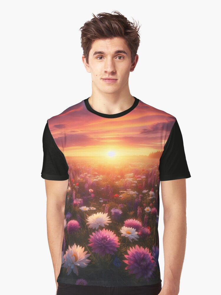 A breathtaking sunset paints the sky with vibrant hues casting a golden glow over a field of colorfu T Shirt