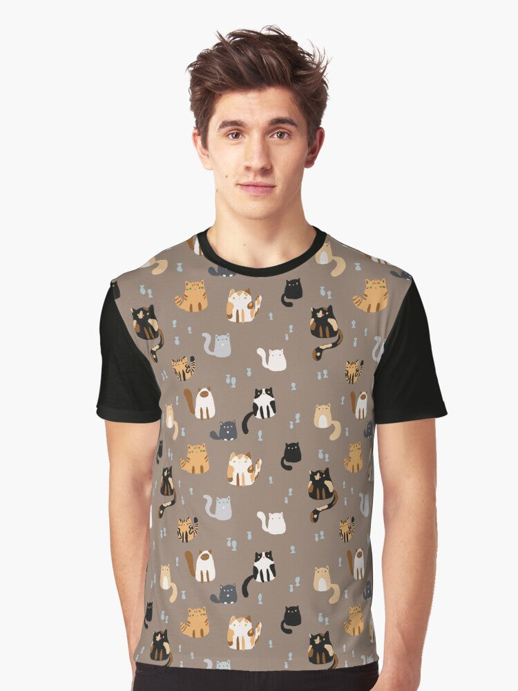 Cute Jelly Bean Cats Crayon Drawing Pattern - Morel Brown Graphic T-Shirt