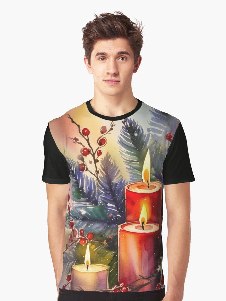 Three red and white candles lit amongst festive holly and pine branches Graphic T Shirt T Shirt Viral TikTok Gift Ready