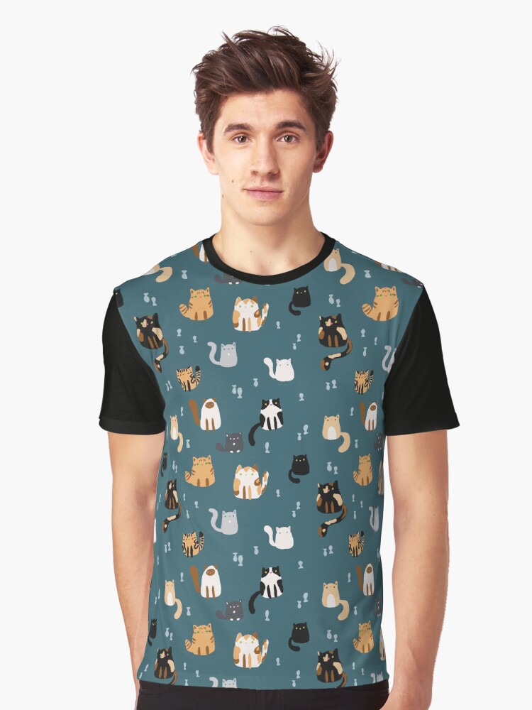 Cute Jelly Bean Cats Crayon Drawing Pattern - Teal Blue Graphic T-Shirt