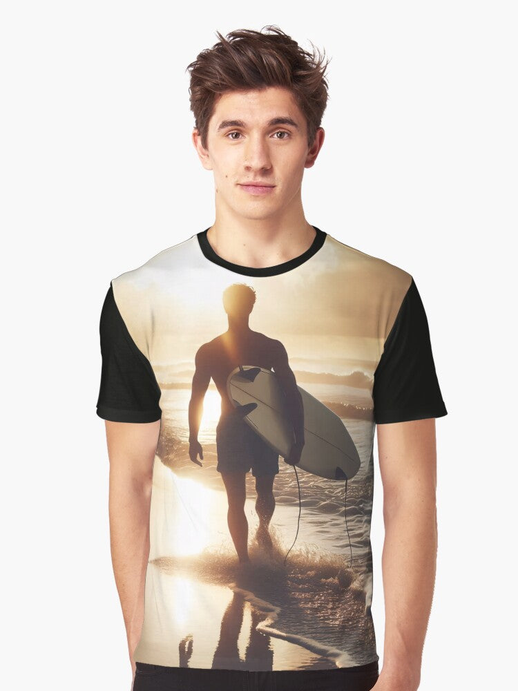 Silhouette of a surfer holding a board on a beach at golden sunset waves lapping at feet dramatic cl T Shirt