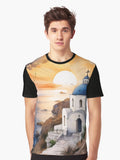 A picturesque church perched on a cliff overlooking a stunning sunset over the Aegean Sea Graphic T Shirt T Shirt