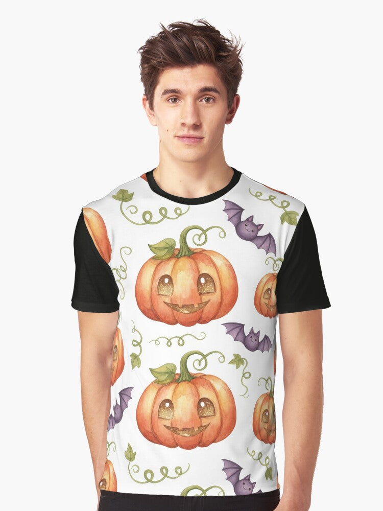 Cute Watercolor Halloween Pumpkins and Bats Seamless Pattern Graphic T Shirt T Shirt Best Seller Look High CTR Pick