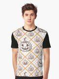 Jack o lantern on a White and Orange Grid Graphic T Shirt T Shirt Aesthetic Fit High CTR Pick