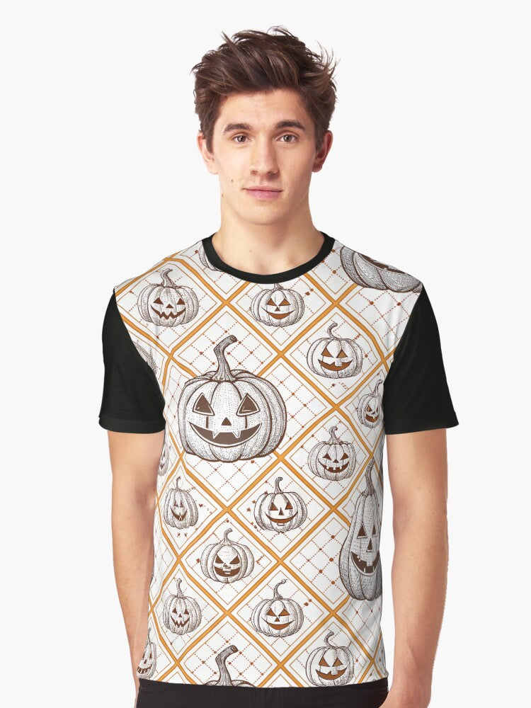 Jack o lantern on a White and Orange Grid Graphic T Shirt T Shirt Aesthetic Fit High CTR Pick
