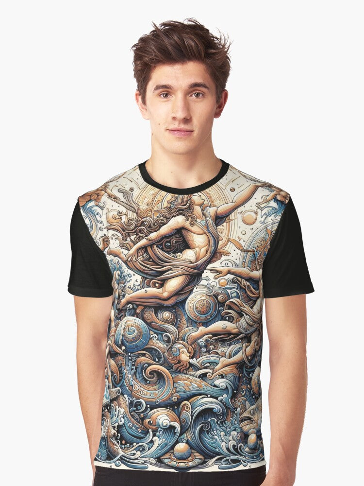 Intricate artwork of mythological figures and cosmic elements intertwined Graphic T Shirt T Shirt Streetwear Style