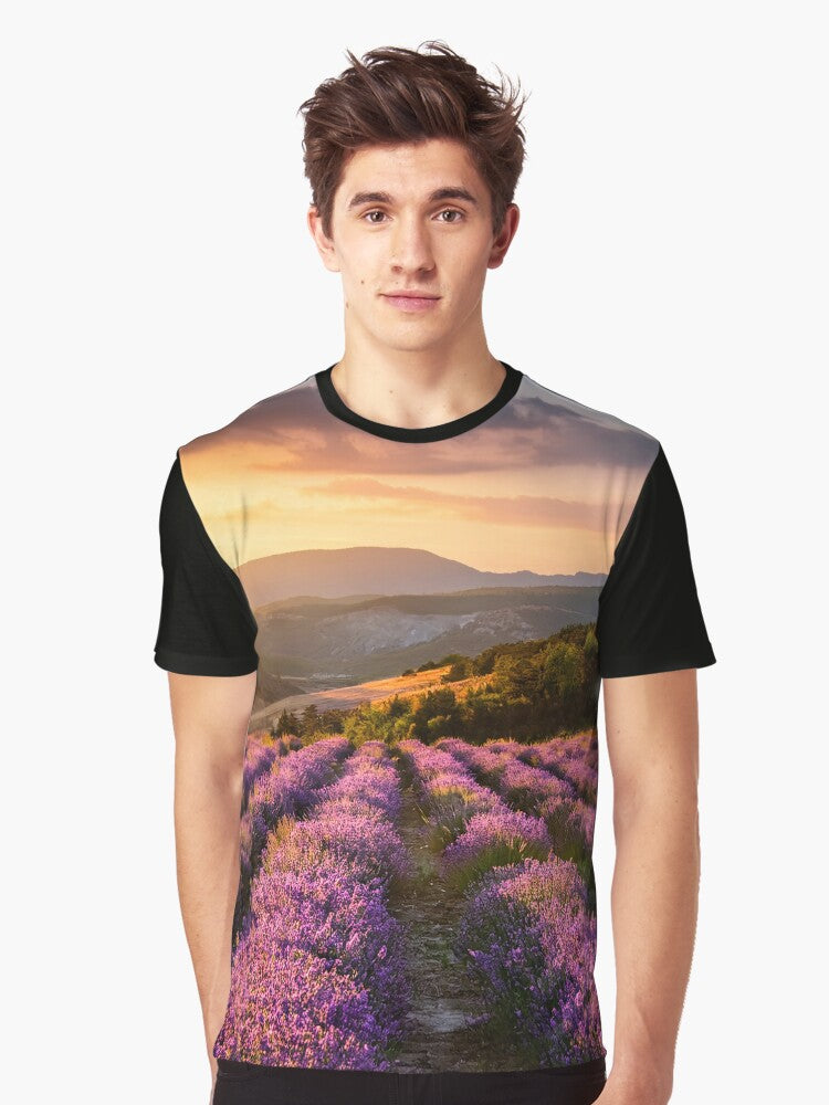 A breathtaking view of a lavender field at sunrise with rolling hills and a distant horizon Graphic T Shirt T Shirt