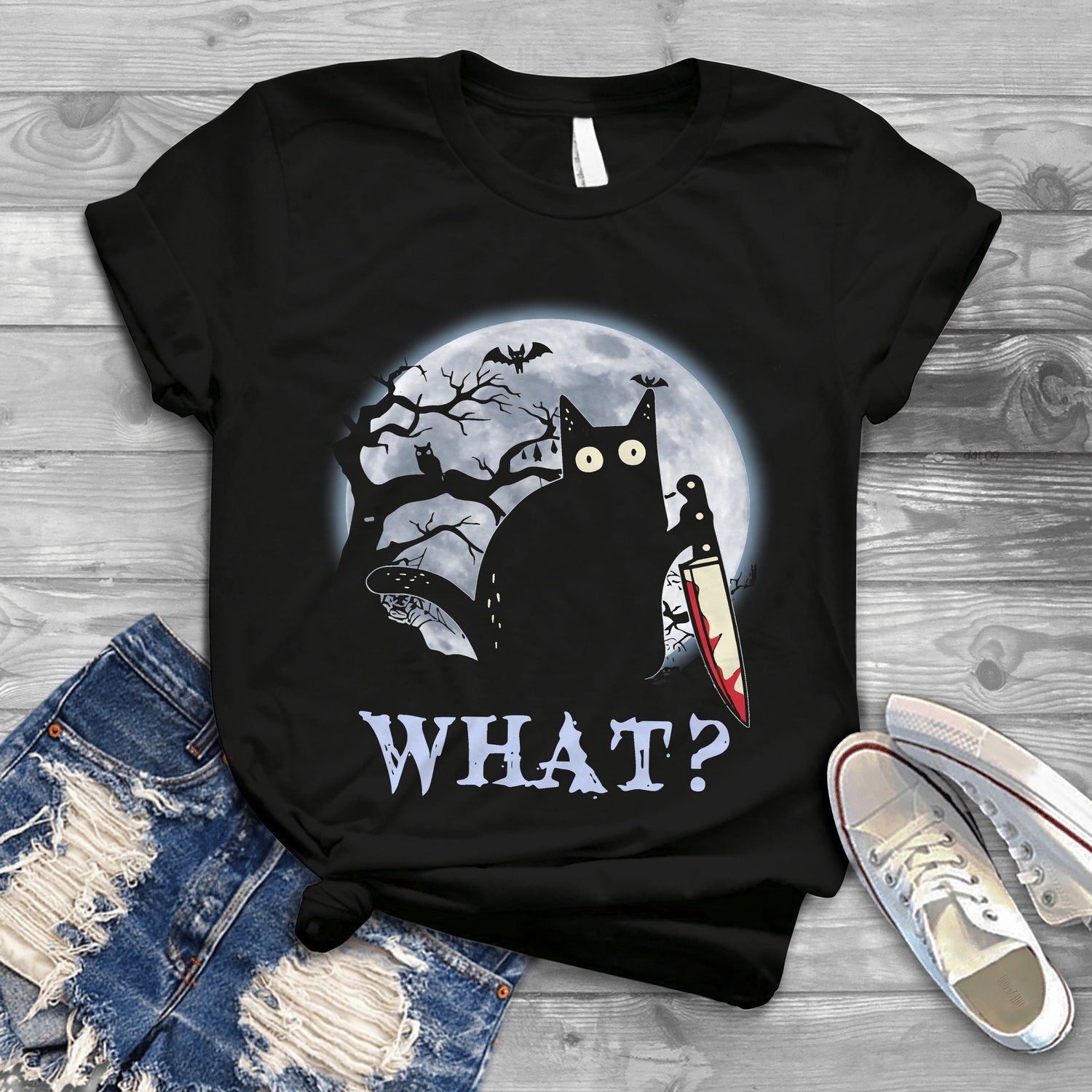Murderous Black Cat With Knife T-Shirt | Funny Halloween Cat Gift | Retro Tee