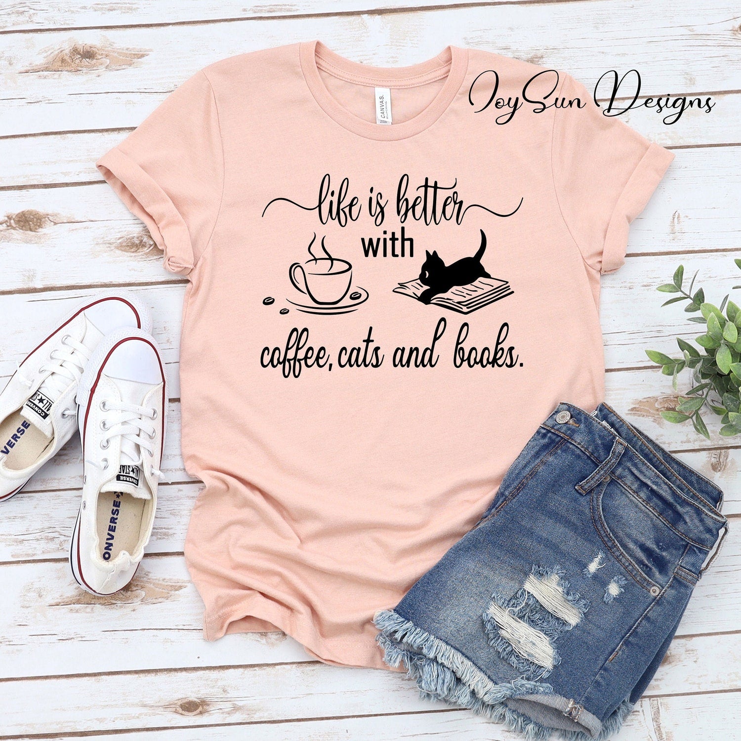 Life is Better with Coffee Cats Books Tee - Funny Cat Lover Gift for Bookworms