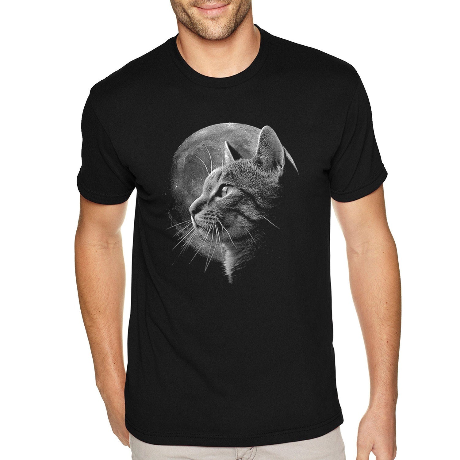 Mens Cat Moon T-shirt Space Kitty Astronaut Galaxy Tabby