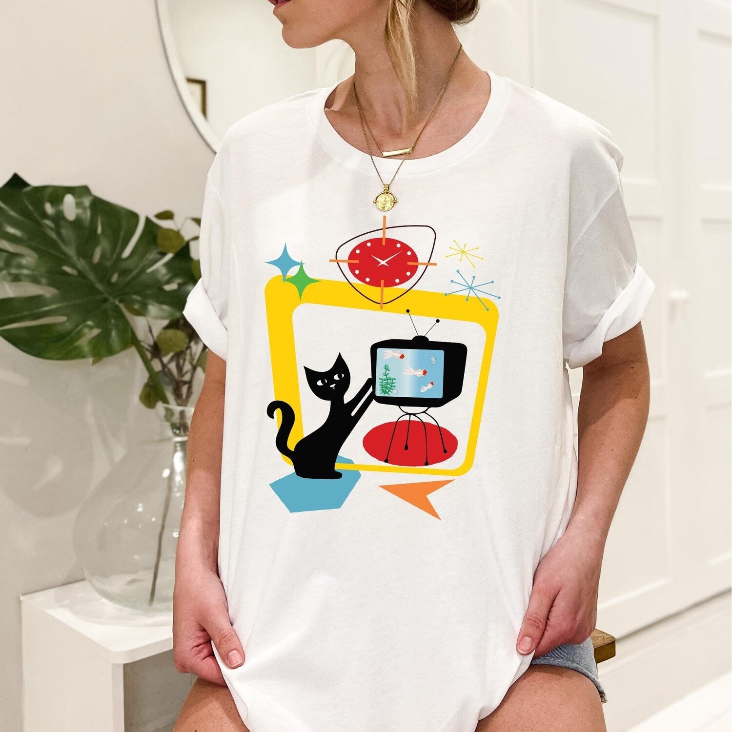 Retro Atomic Black Cat MCM T-Shirt Mid Century Modern Gift